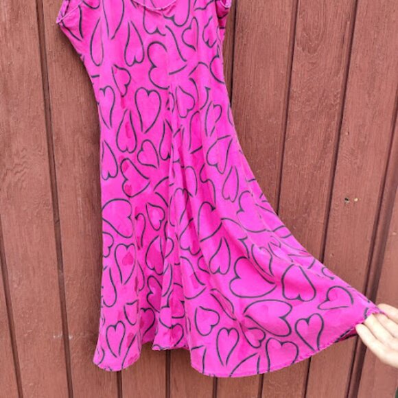 LAURA LEIGH | Silk Y2k Hot Pink Heart Print Spaghetti Strap Slip Slit Dress M - Picture 12 of 14